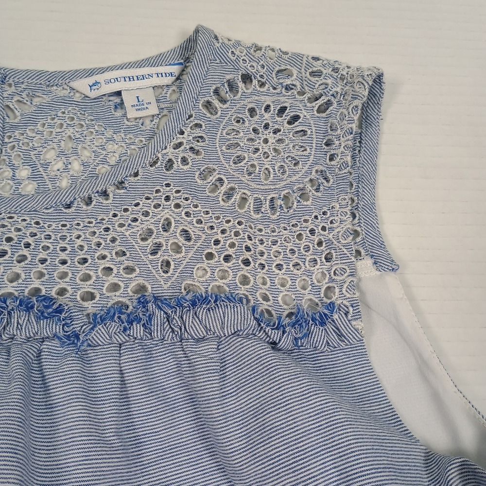 Southern Tide Cotton Blue White Alice Embroidery Sleeveless Tank Dress Large - Picture 2 of 7